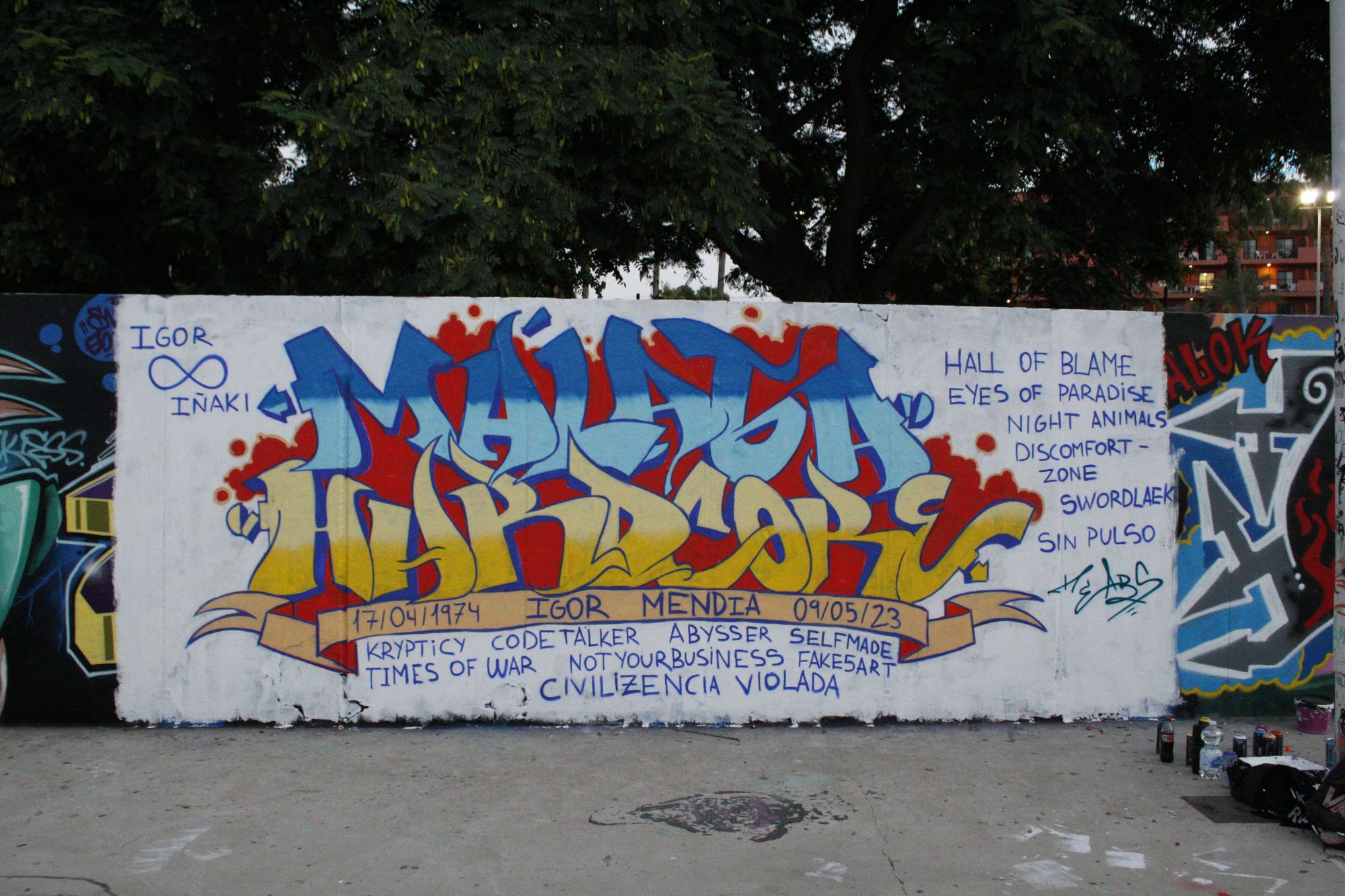 «Málaga Hardcore» graffiti mural by @desska.98 with the names of underground bands from the scene